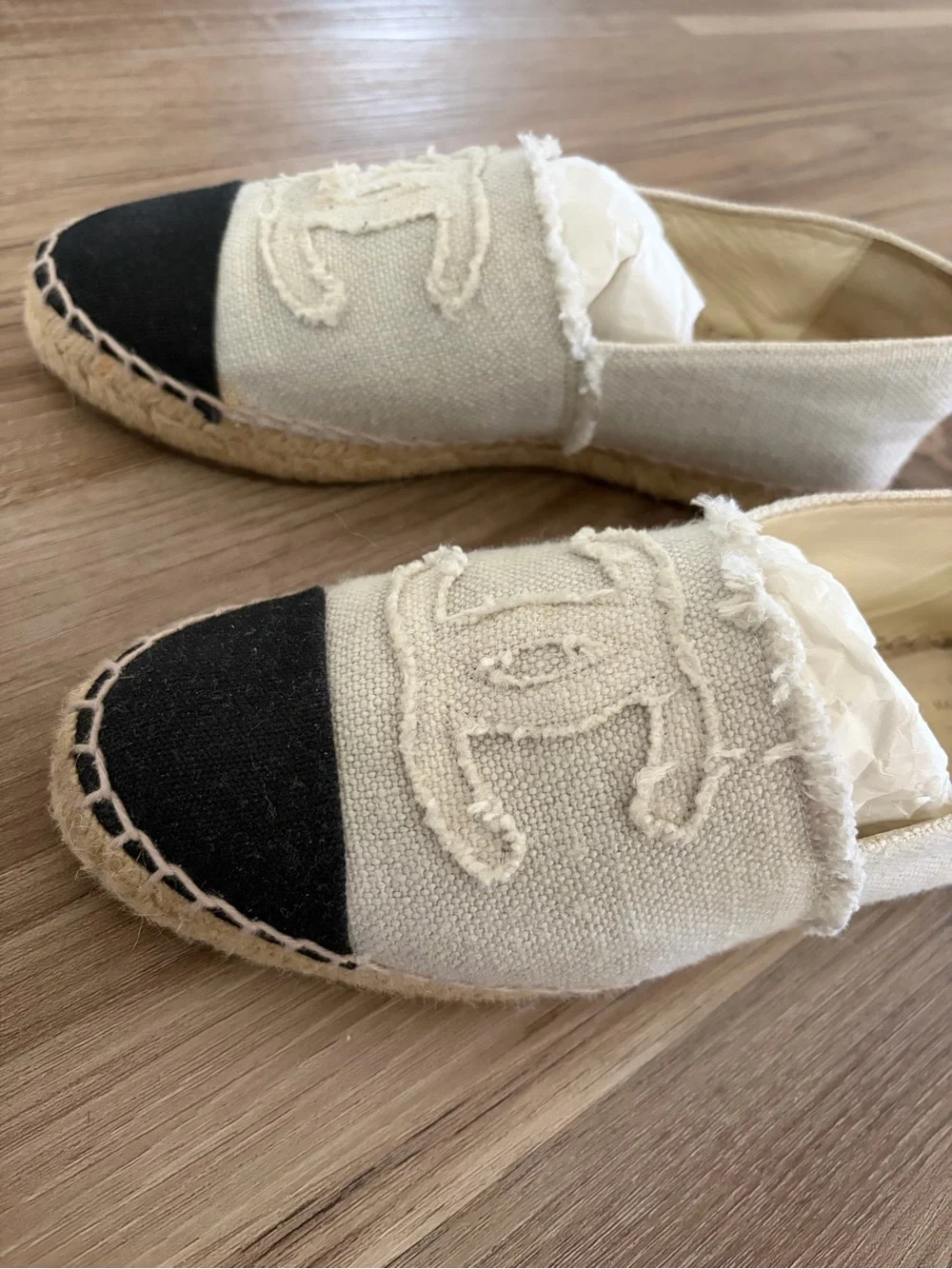 CHANEL Cream and Black Canvas Espadrilles with Frayed CC Logo